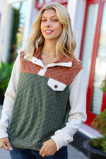 Face The Day Olive & Brown Embossed Checkered Button Down Sweater Top - Maple Row Boutique 