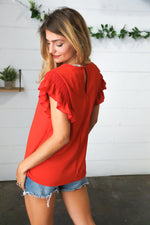 Red Smocked Ruffle Frill Sleeve Top - Maple Row Boutique 
