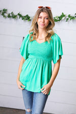 Solid Mint Smocked Woven Flutter Sleeve Top - Maple Row Boutique 