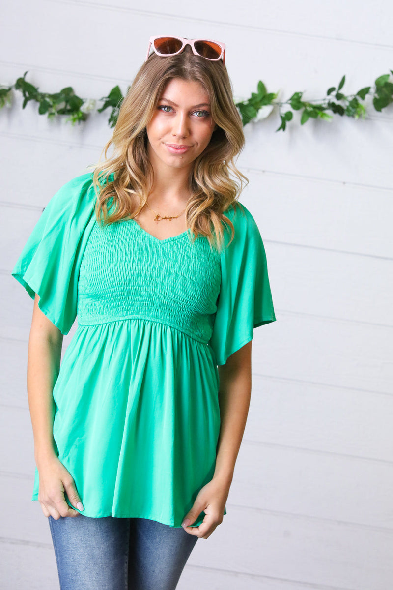 Solid Mint Smocked Woven Flutter Sleeve Top - Maple Row Boutique 