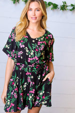 Black & Floral Surplice Short Sleeve Pocketed Romper - Maple Row Boutique 