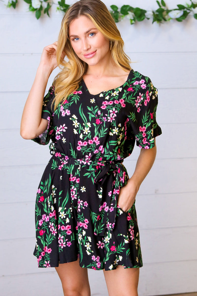 Black & Floral Surplice Short Sleeve Pocketed Romper - Maple Row Boutique 