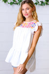 Ivory Floral Embroidery Print Ruffle Sleeve Yoke Top - Maple Row Boutique 