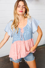 Blue & Pink Polka Dot Floral Tie Front Babydoll Top - Maple Row Boutique 
