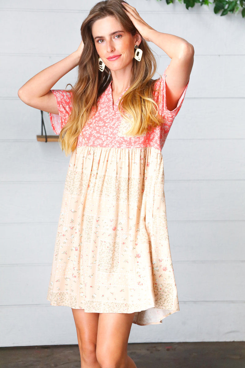Coral & Taupe Floral Babydoll Color Block Dress - Maple Row Boutique 
