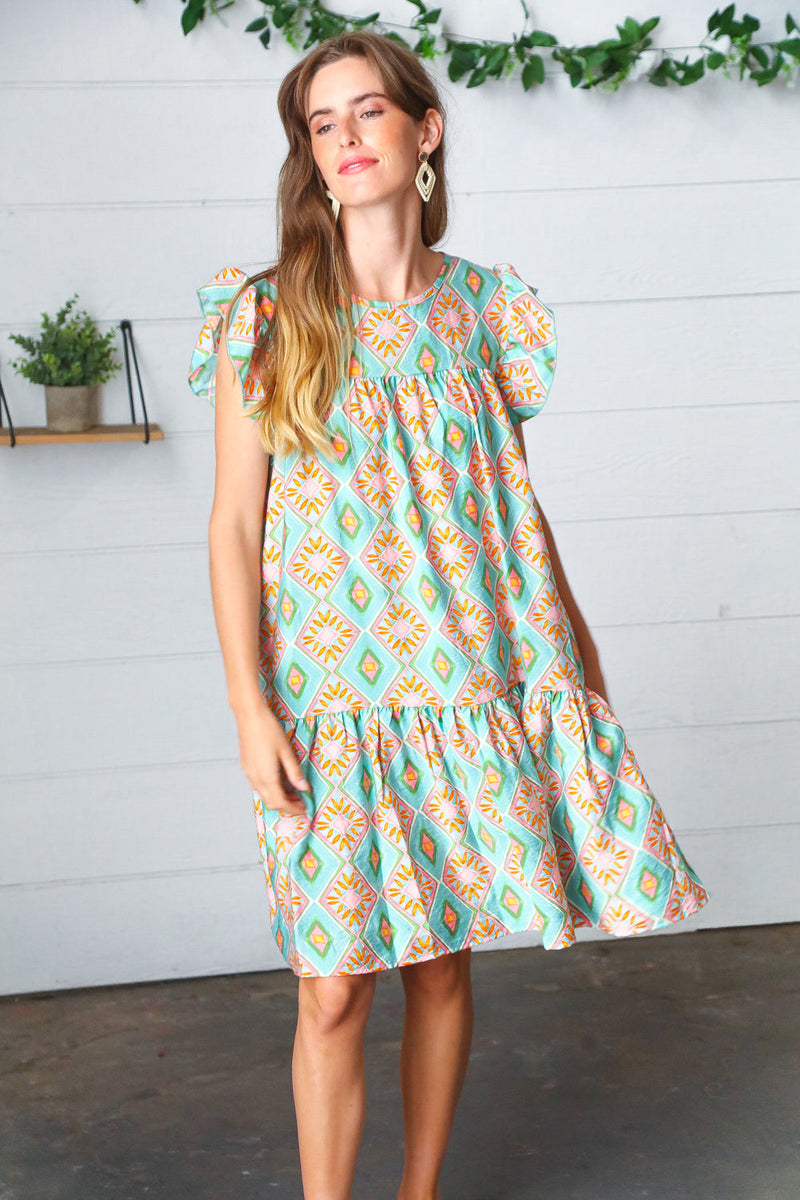 Mint Geo Boho Print Yoke Poplin Woven Dress - Maple Row Boutique 