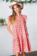 Coral Geo Boho Print Yoke Poplin Woven Dress - Maple Row Boutique 