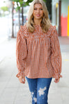 Adorable in Gingham Rust Shirred Mock Neck Top - Maple Row Boutique 