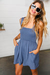 Dusty Blue Terry Smocked Tank Top Baggy Shorts Romper - Maple Row Boutique 