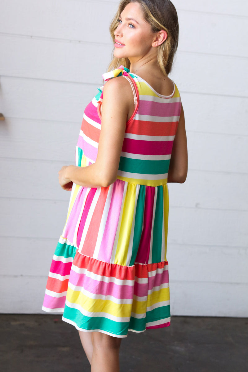 Multicolor Stripe Shoulder Tie Knot Ruffle Hem Dress - Maple Row Boutique 