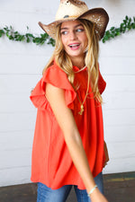 Red-Orange Mock Neck Flutter Sleeve Top - Maple Row Boutique 