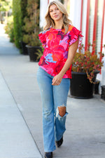 Red & Fuchsia Floral Smocked Ruffle Sleeve Top - Maple Row Boutique 