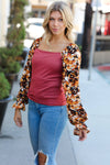 Marsala Rib Floral Bubble Sleeve Slim Fit Top - Maple Row Boutique 
