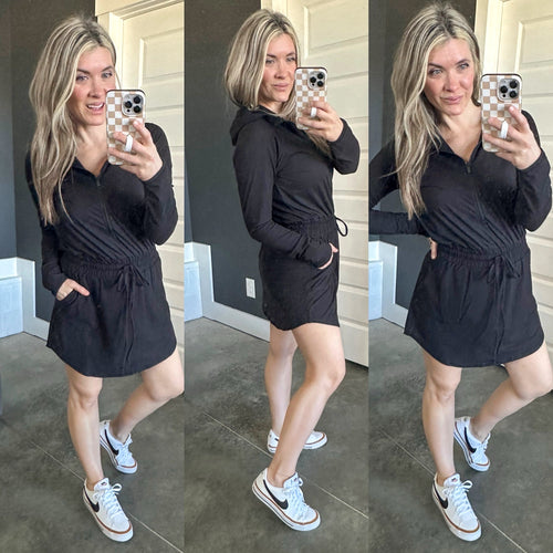 Getting Out Long Sleeve Hoodie Romper in Black - Maple Row Boutique 
