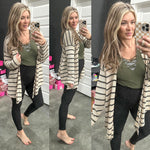 Knit Cardigan With Pockets In Beige & Charcoal Stripe - Maple Row Boutique 