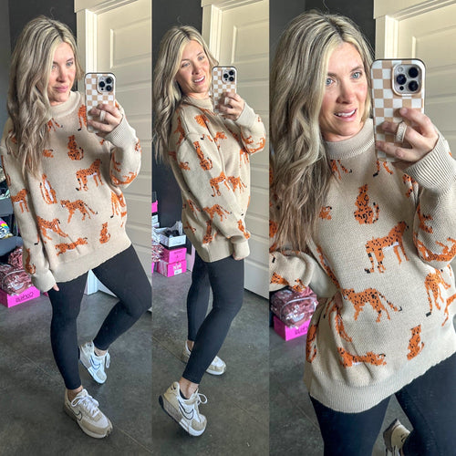 Oversized Cheetah Print Sweater In Soft Beige - Maple Row Boutique 