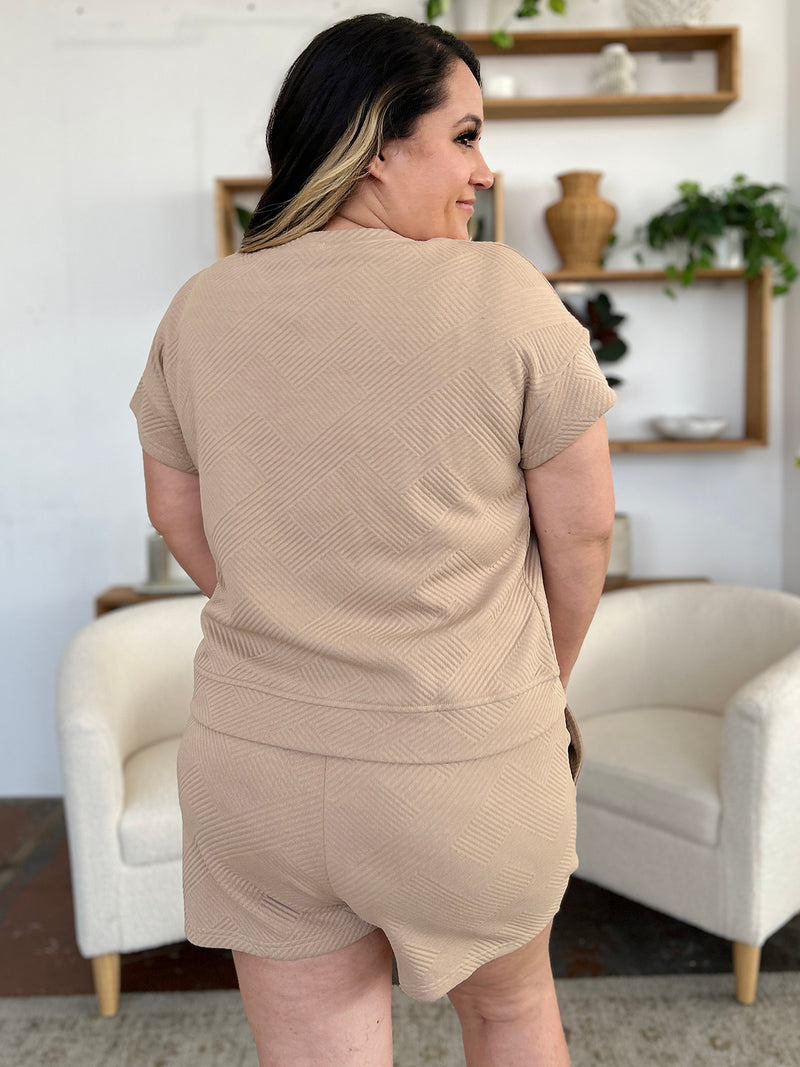 Double Take Full Size Texture Short Sleeve T-Shirt and Drawstring Shorts Set - Maple Row Boutique 