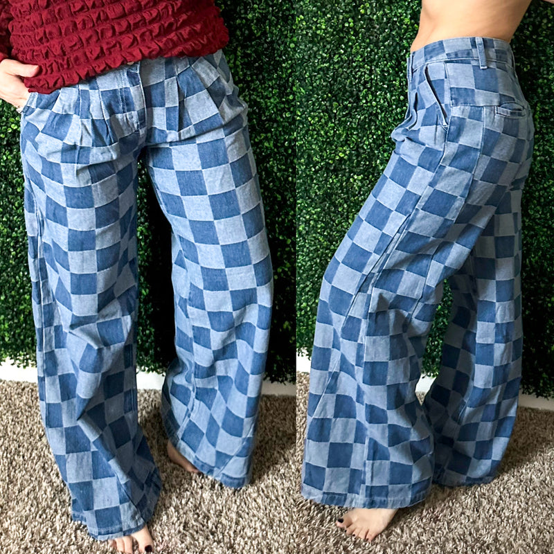 Checkered Wide Leg Jeans with Pockets - Maple Row Boutique 