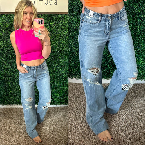 Ramona High Rise Rigid Magic Destroyed Straight Jeans - Maple Row Boutique 