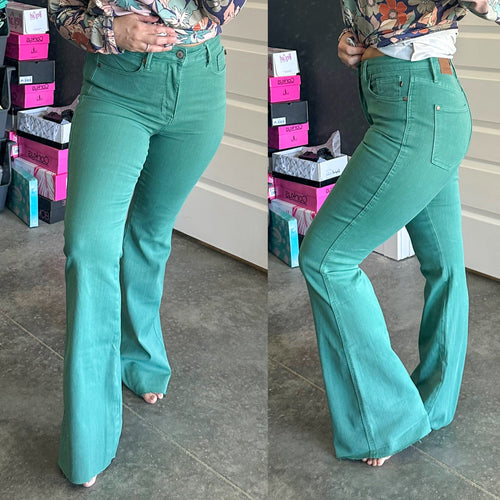 High Waisted Tummy Control Flare Judy Blue Jeans In Topaz - Maple Row Boutique 