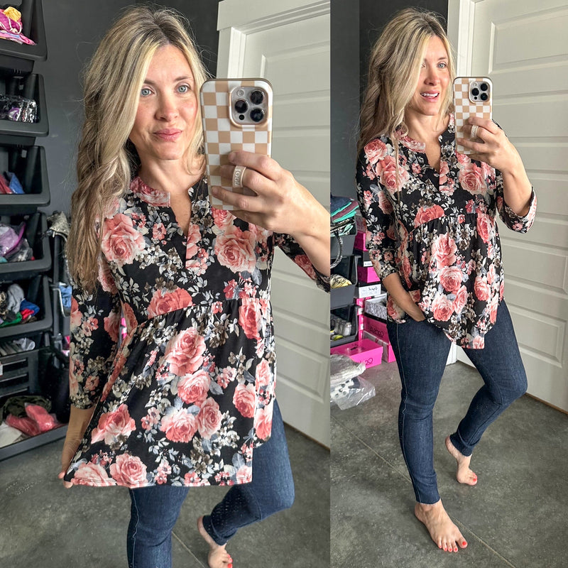 Gabby Neckline Babydoll Blouse In Black & Pink Florals - Maple Row Boutique 