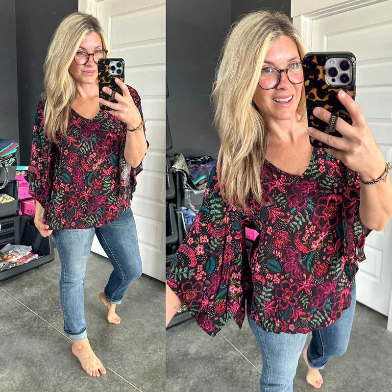Angled Sleeve Blouse In Black Multicolored Floral Sketch - Maple Row Boutique 
