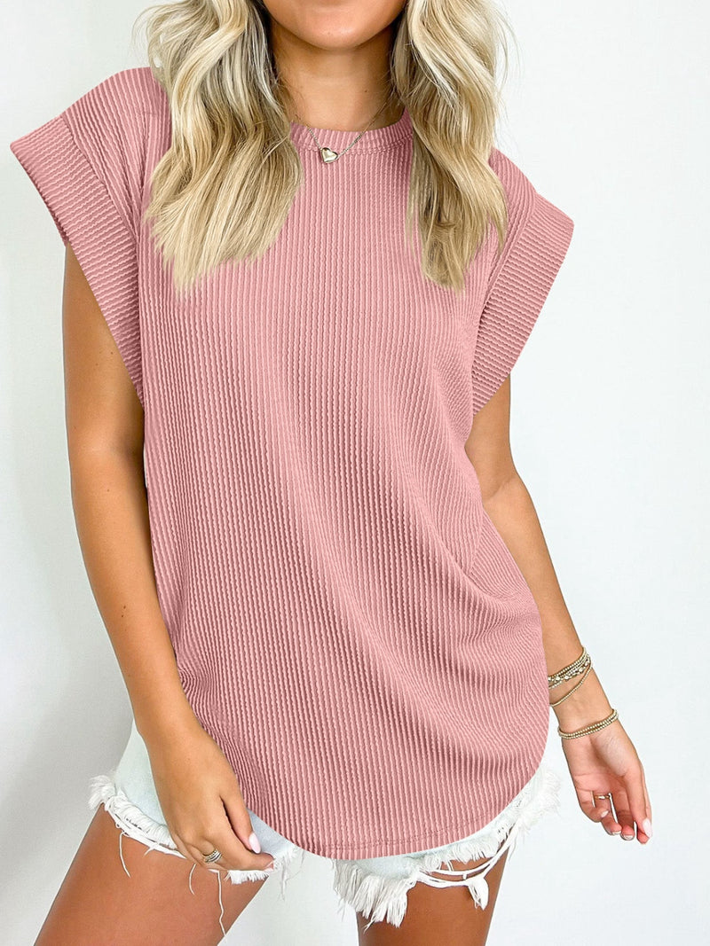Textured Round Neck Cap Sleeve Blouse - Maple Row Boutique 