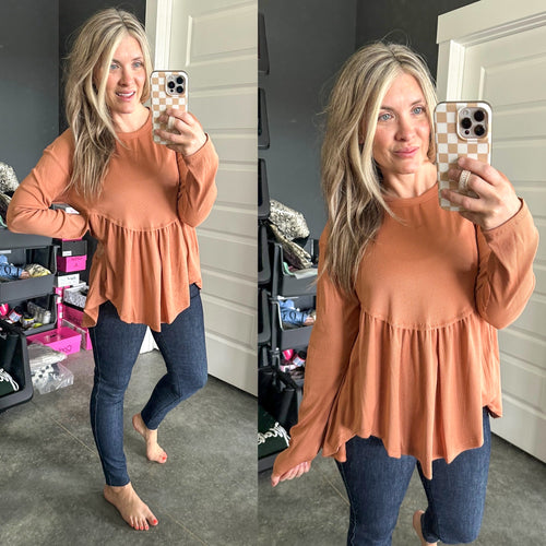 Knit Babydoll Rounded Hem Detail Top In Soft Tuscan - Maple Row Boutique 