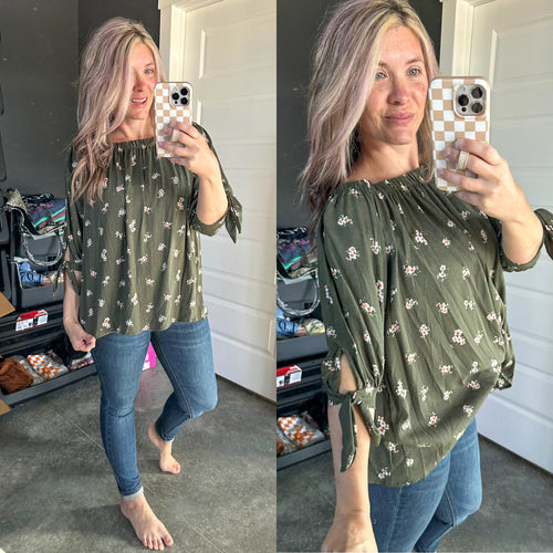 Olive Floral Tie Sleeve Top - Maple Row Boutique 