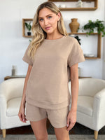 Double Take Full Size Texture Short Sleeve T-Shirt and Drawstring Shorts Set - Maple Row Boutique 