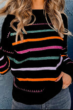 Striped Round Neck Dropped Shoulder Sweater - Maple Row Boutique 
