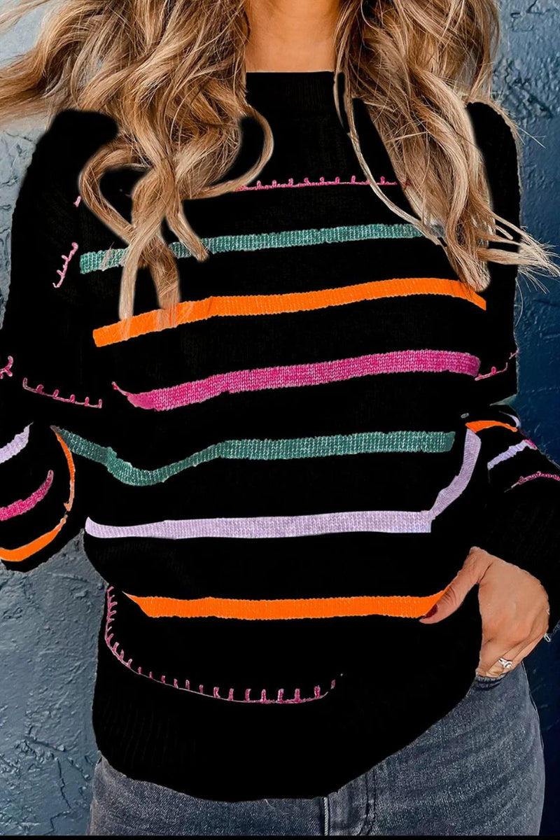 Striped Round Neck Dropped Shoulder Sweater - Maple Row Boutique 