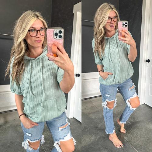 Short Sleeve Cable Knit Hoodie In Light Agave - Maple Row Boutique 