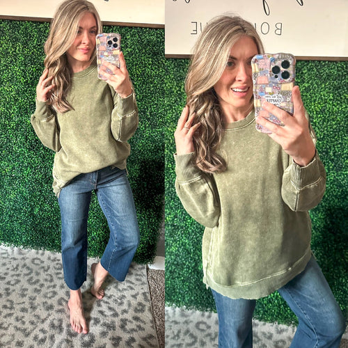 Safe and Secure Mineral Wash Pullover in Light Olive - Maple Row Boutique