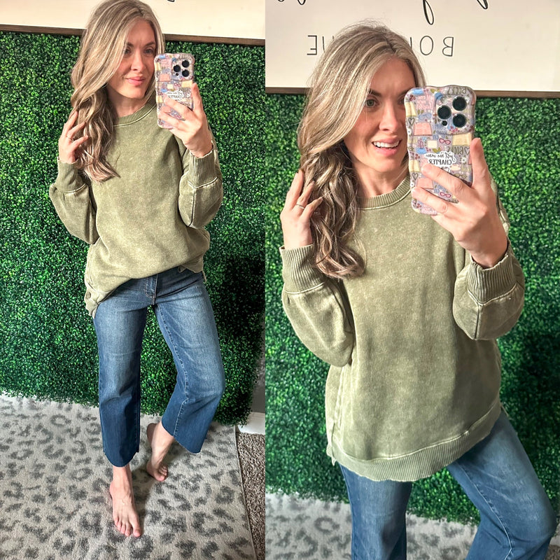 Safe and Secure Mineral Wash Pullover in Light Olive - Maple Row Boutique