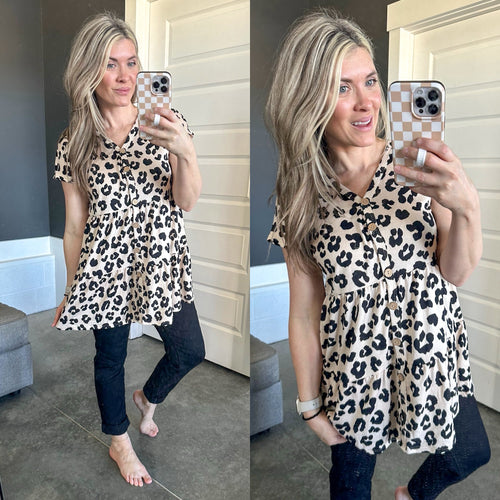 Cashmere Soft, Tiered Leopard Tunic Top In Taupe & Black - Maple Row Boutique 