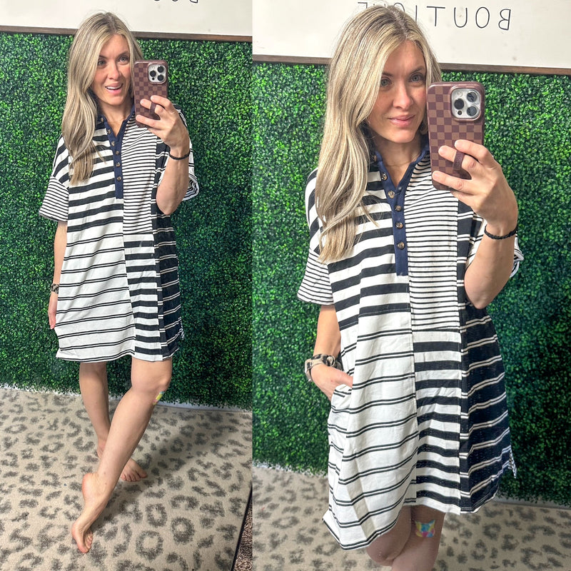 Everlasting Love Striped Collared Dress in Black and Navy