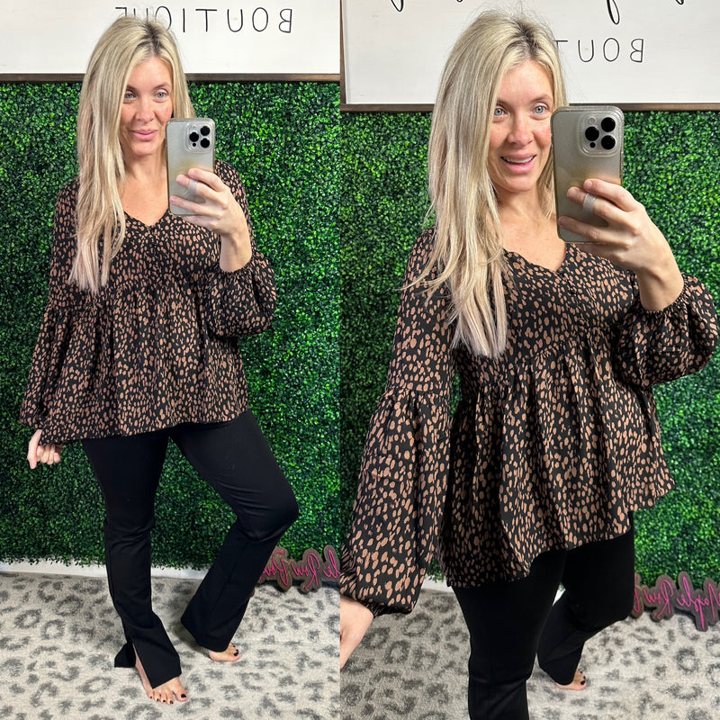 Animal Print Button Blouse In Black & Taupe - Maple Row Boutique 