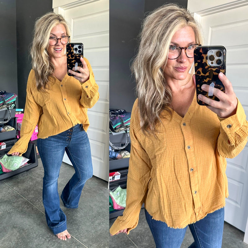 Button Front Detail Gauze Top In Sunflower - Maple Row Boutique 