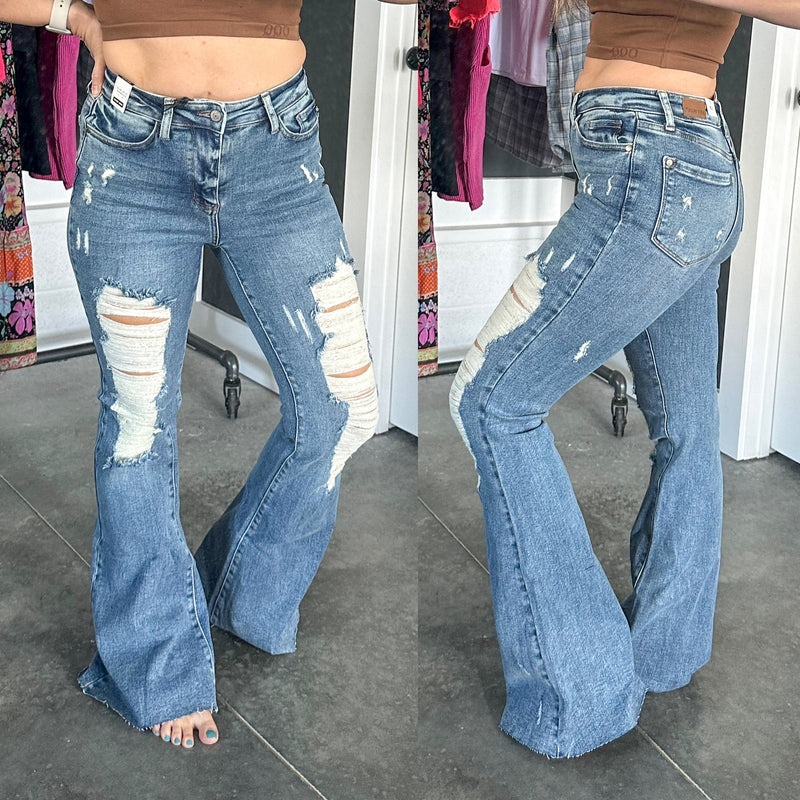 Kiana High Rise Heavy Destroy Flare - Maple Row Boutique 