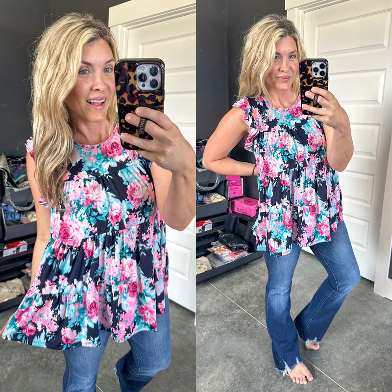 Tiered Floral Tunic Top In Neon Pink & Navy - Maple Row Boutique 