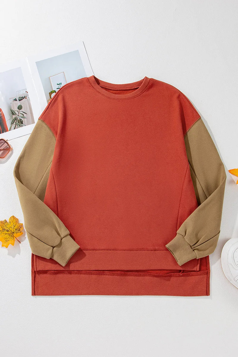 Contrast Round Neck Long Sleeve Sweatshirt - Maple Row Boutique 