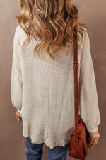 Waffle-Knit Half Button Round Neck Long Sleeve Top - Maple Row Boutique 