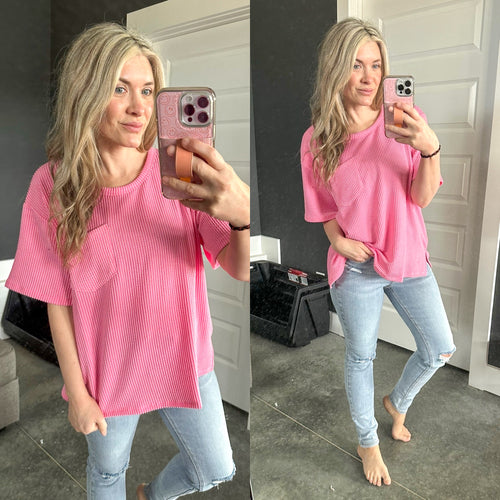 Ribbed Knit Pocket Top In Sweet Pink - Maple Row Boutique 