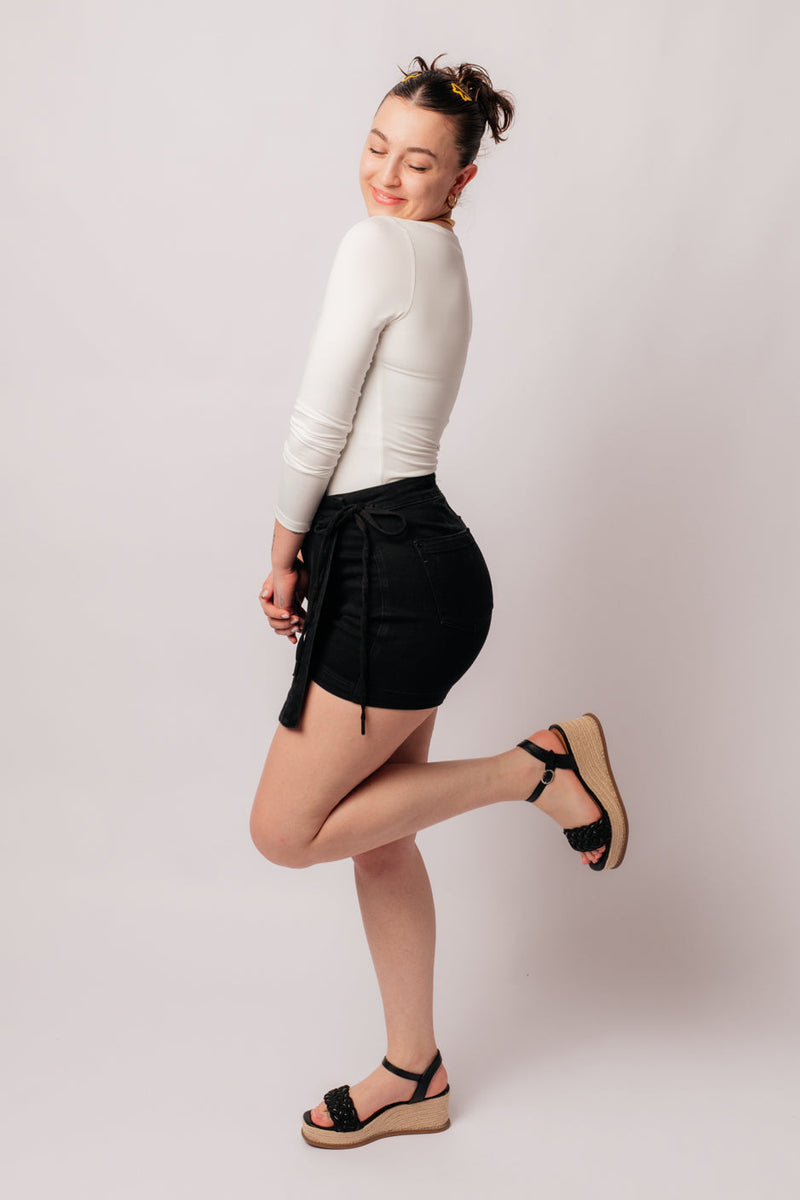 Bentli High Rise Side Tie Denim Skort in Black - Maple Row Boutique