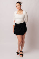 Bentli High Rise Side Tie Denim Skort in Black - Maple Row Boutique