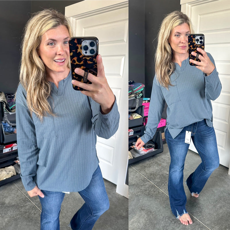 Long Sleeve Pointelle Henley Top In Blue Haze - Maple Row Boutique 