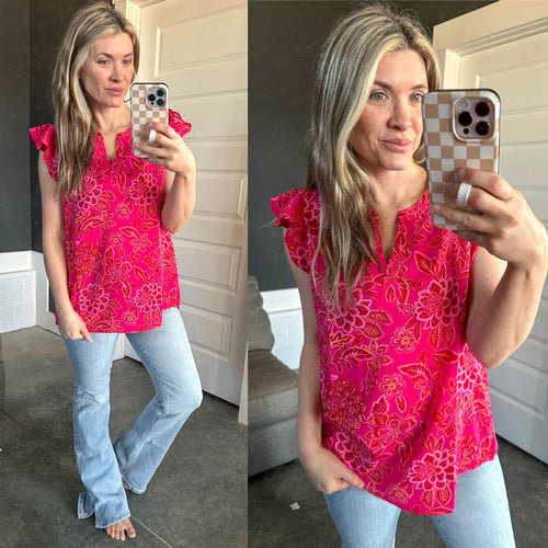 Flutter Sleeve Blouse In Hot pink Florals - Maple Row Boutique 