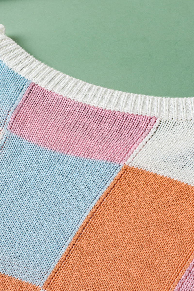 Color Block Round Neck Cap Sleeve Knit Top - Maple Row Boutique 