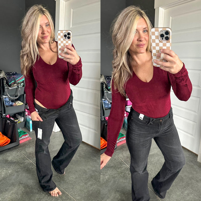 Long Sleeve V Neck Bodysuit In Ruby - Maple Row Boutique 